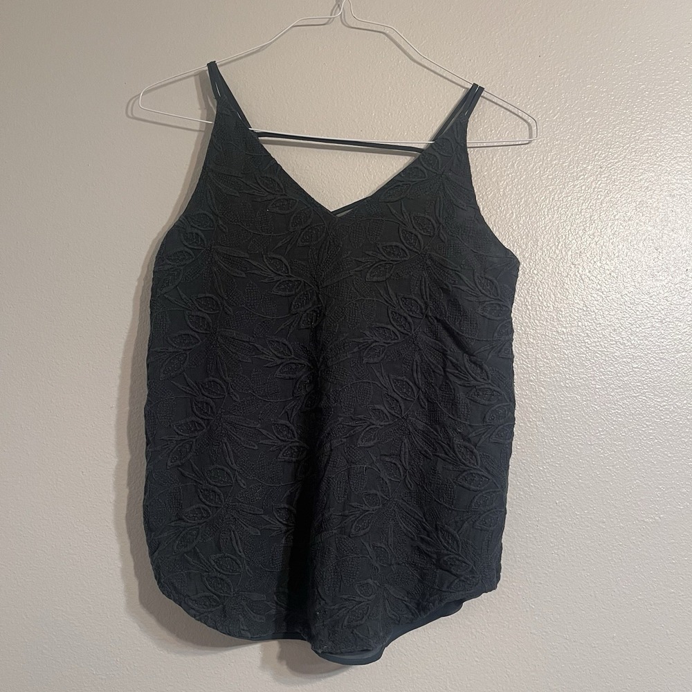 Loft Tiered Knit Lined Top Tank Embroidered Dark Green Floral X-Small Blouse‎